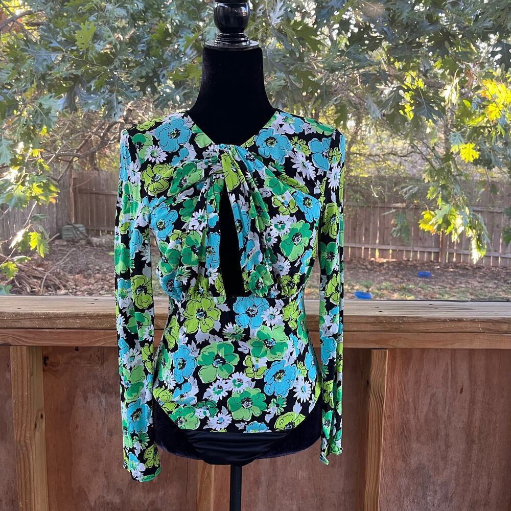 Zara Women's Green And Blue Floral Long Sleeve Bodysuit Size S